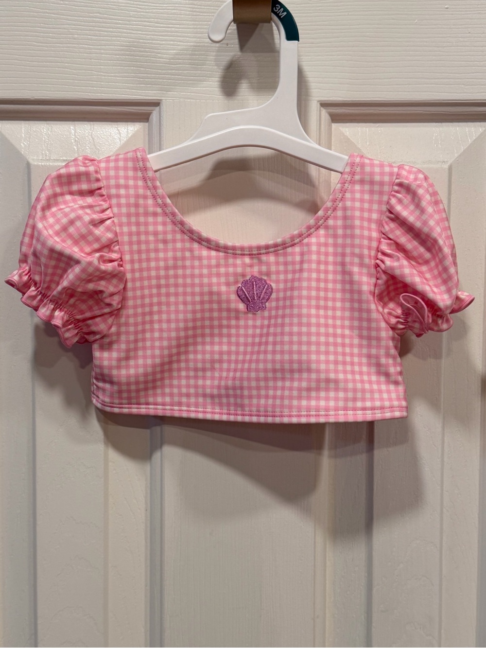 Cat & Jack Pink Gingham Puff-Sleeve Crop Top with Shell Embroidery
